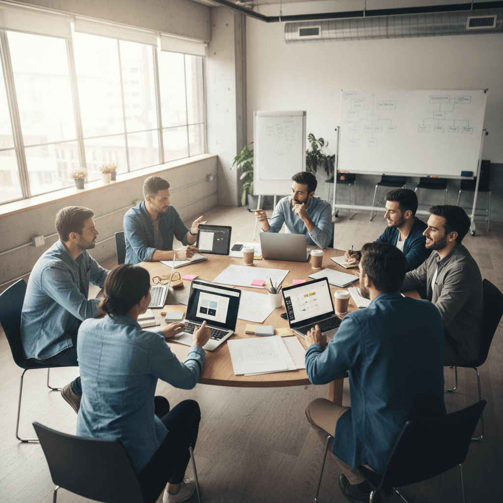 Diverse team of professionals collaborating in modern office with laptops and documents on table