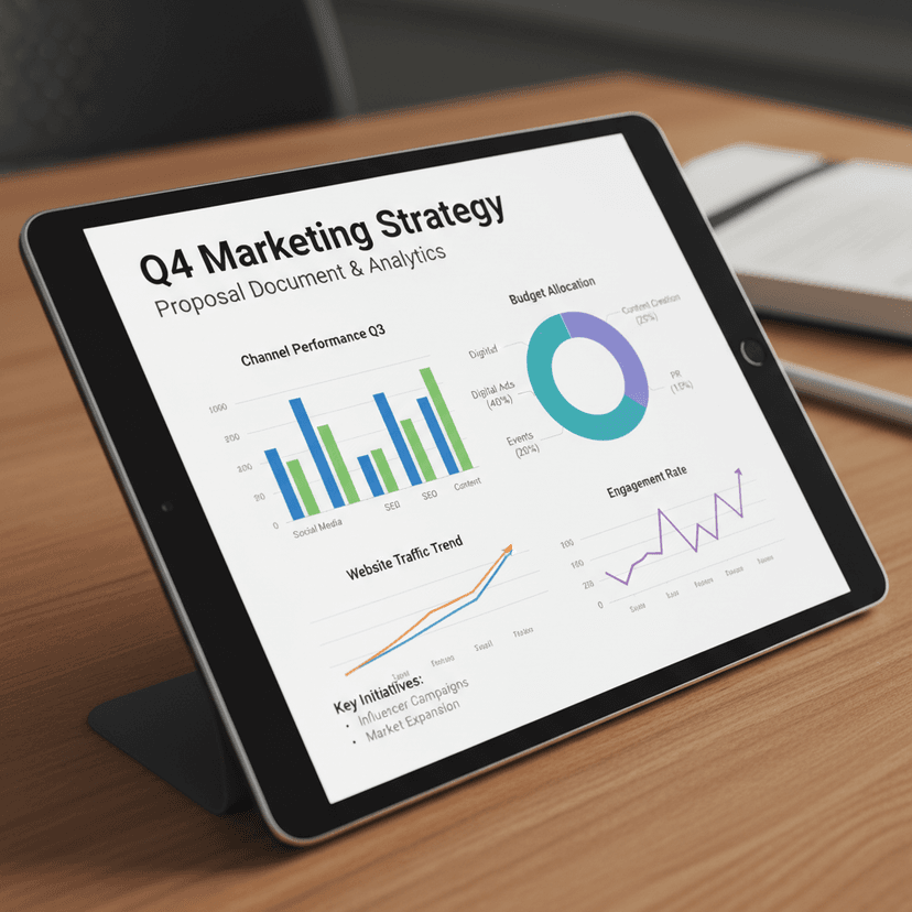 Marketing strategy documents and charts spread on desk with coffee cup and digital tablet
