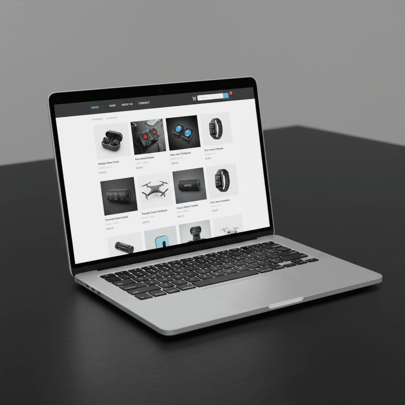 Modern e-commerce website interface displayed on laptop screen with shopping cart and product images