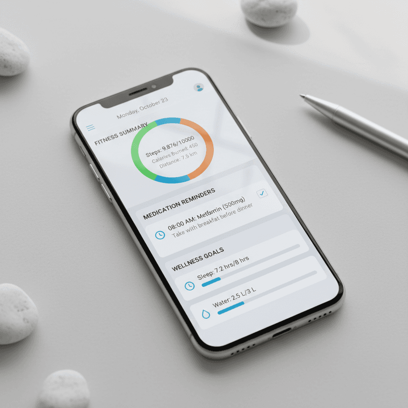 Smartphone displaying colorful health tracking mobile application with fitness metrics and graphs